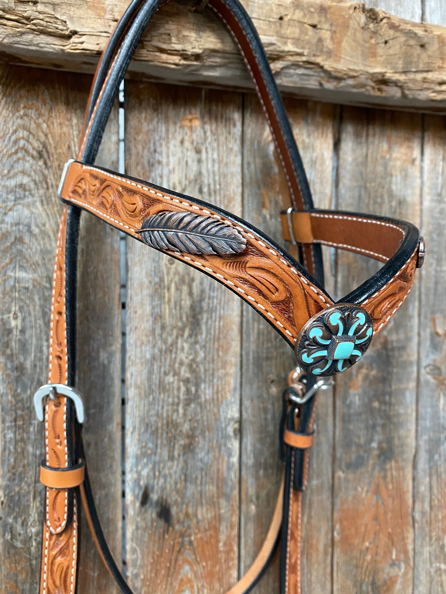 Light Oil V Brow Turquoise and Copper Browband & Breastcollar Tack Set #BBBC443