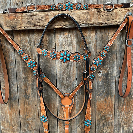 Light Floral Turquoise Browband/One Ear Tack Set with Wither Strap  #BBBC469