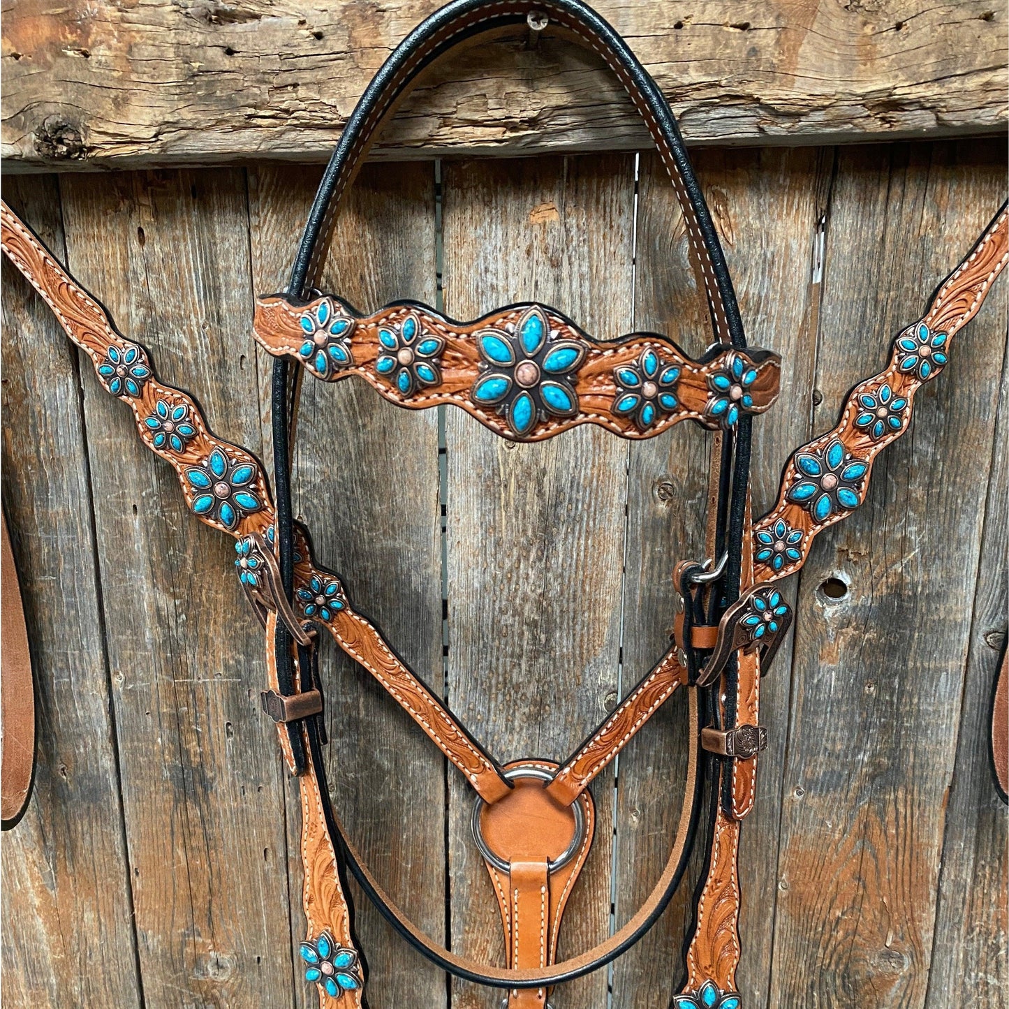Light Floral Turquoise Browband/One Ear Tack Set with Wither Strap  #BBBC469