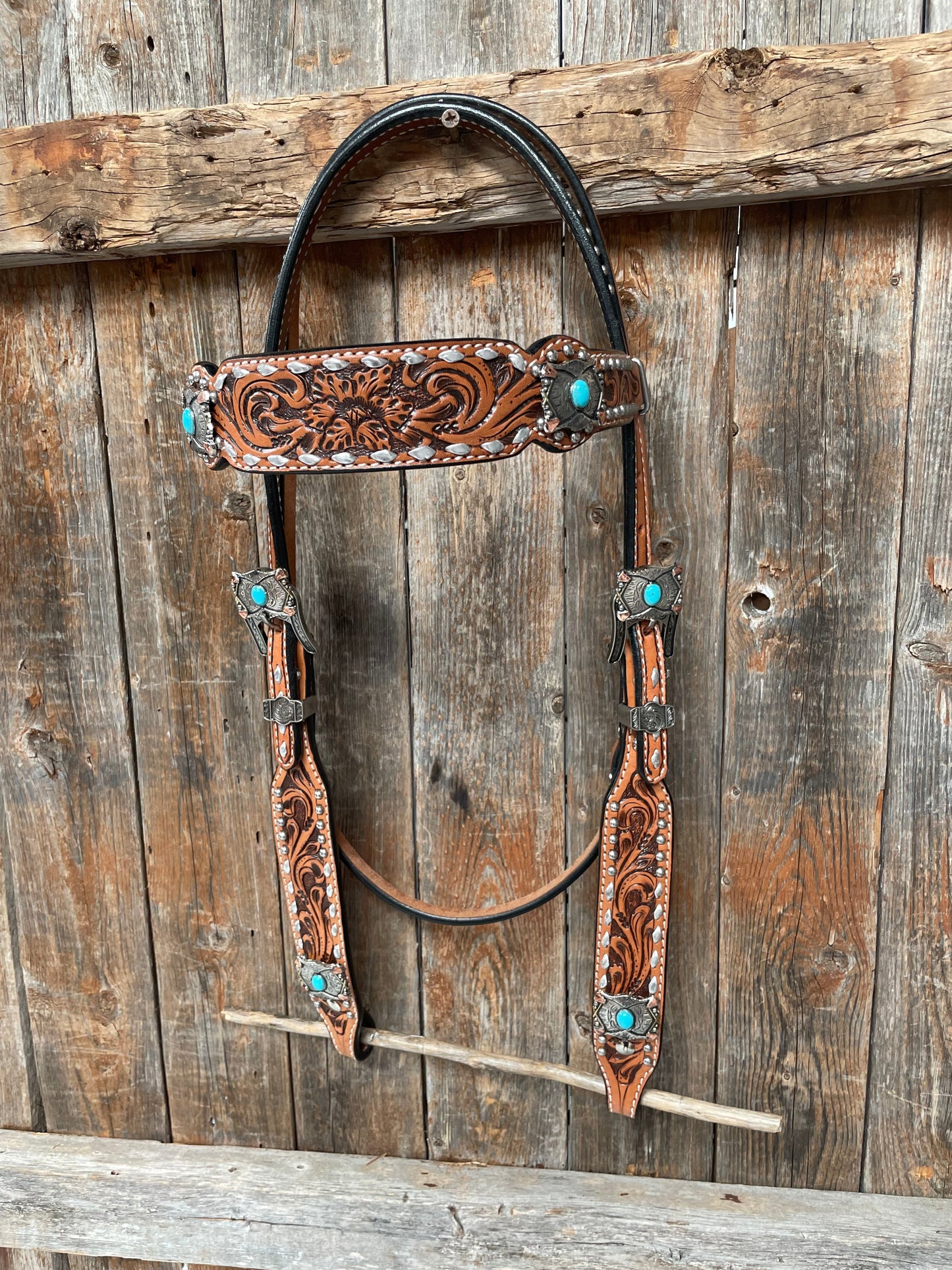 Silver Buckstitch with Turquoise Browband / One Ear / Breastcollar Tack Set #BBBC478