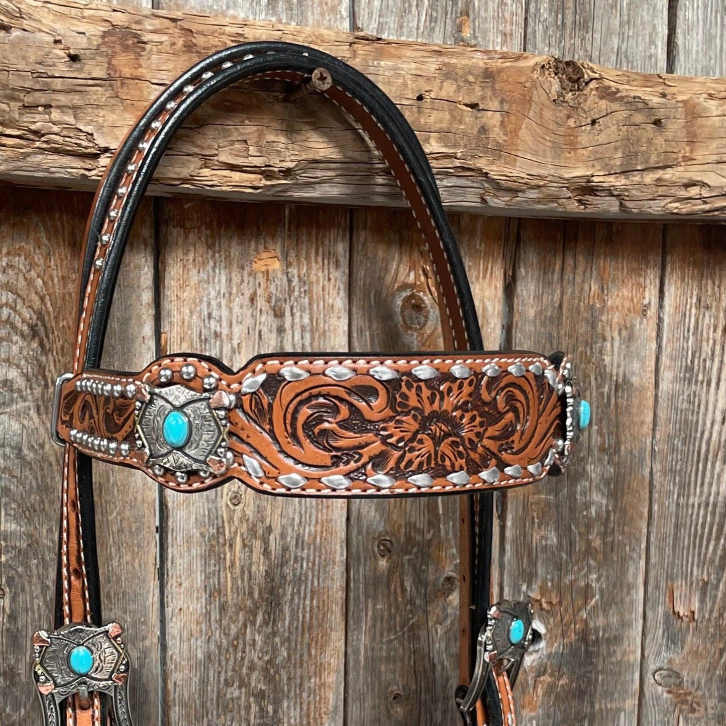 Silver Buckstitch with Turquoise Browband / One Ear / Breastcollar Tack Set #BBBC478