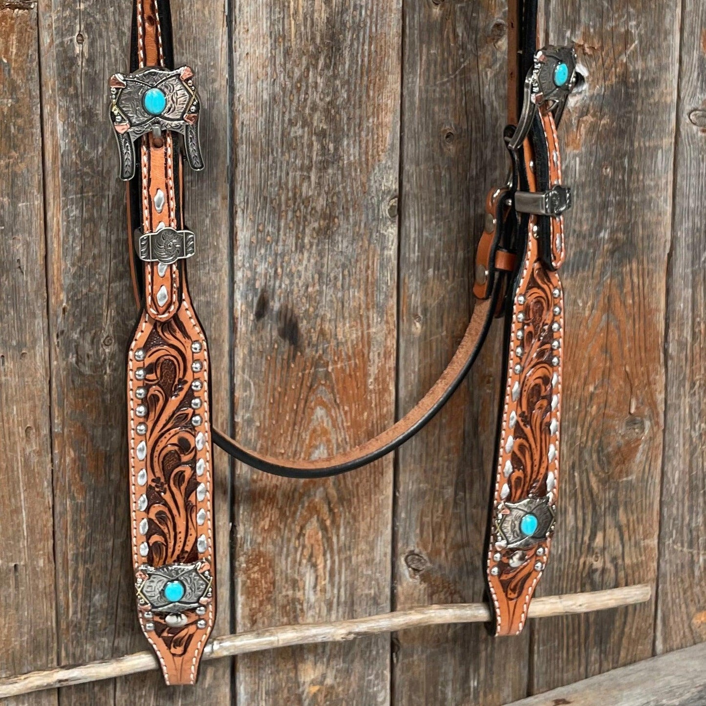 Silver Buckstitch with Turquoise Browband / One Ear / Breastcollar Tack Set #BBBC478