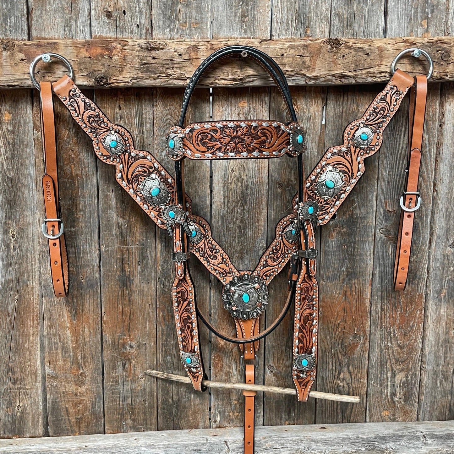 Silver Buckstitch with Turquoise Browband / One Ear / Breastcollar Tack Set #BBBC478