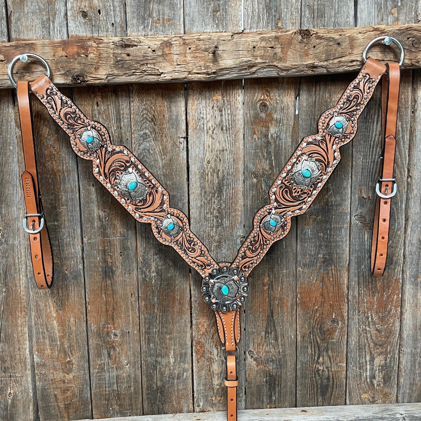 Silver Buckstitch with Turquoise Browband / One Ear / Breastcollar Tack Set #BBBC478