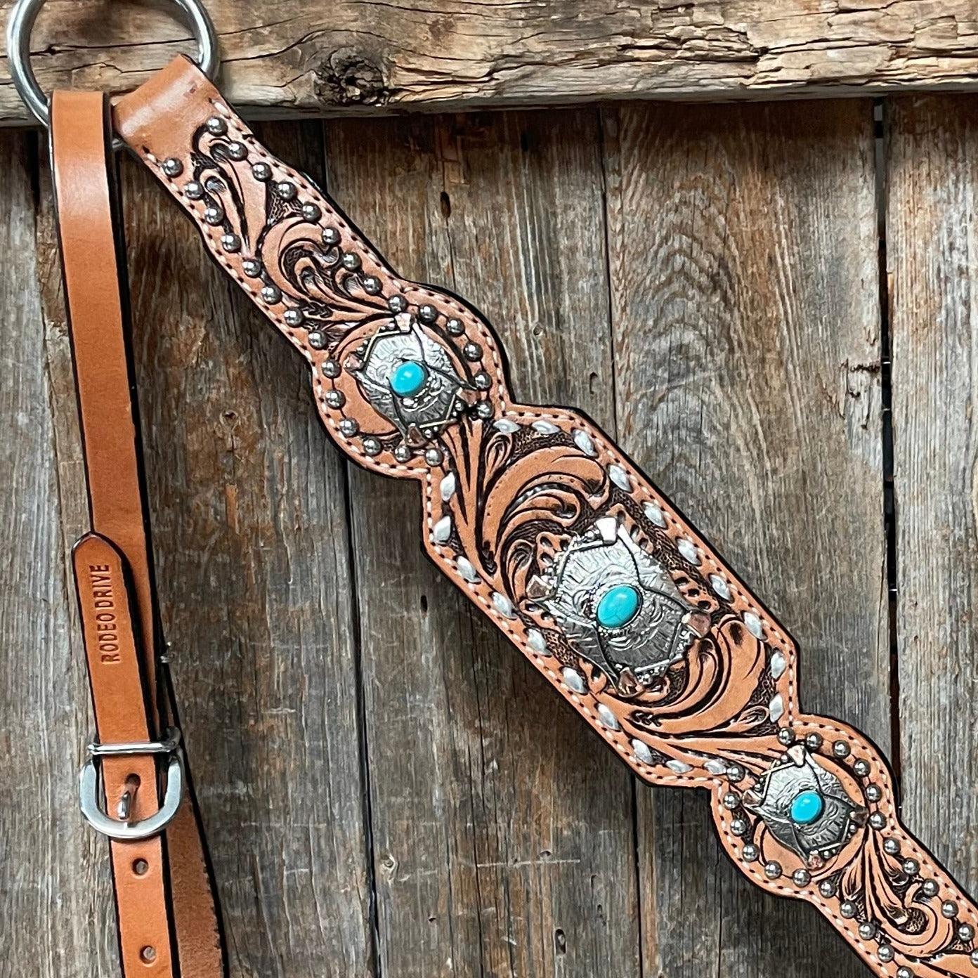 Silver Buckstitch with Turquoise Browband / One Ear / Breastcollar Tack Set #BBBC478