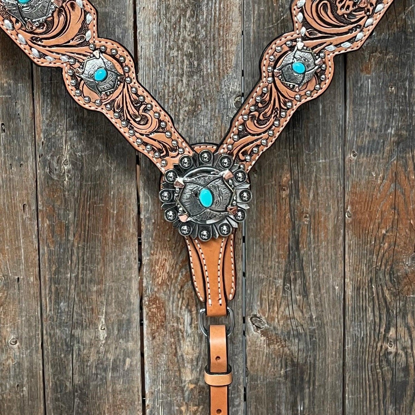 Silver Buckstitch with Turquoise Browband / One Ear / Breastcollar Tack Set #BBBC478