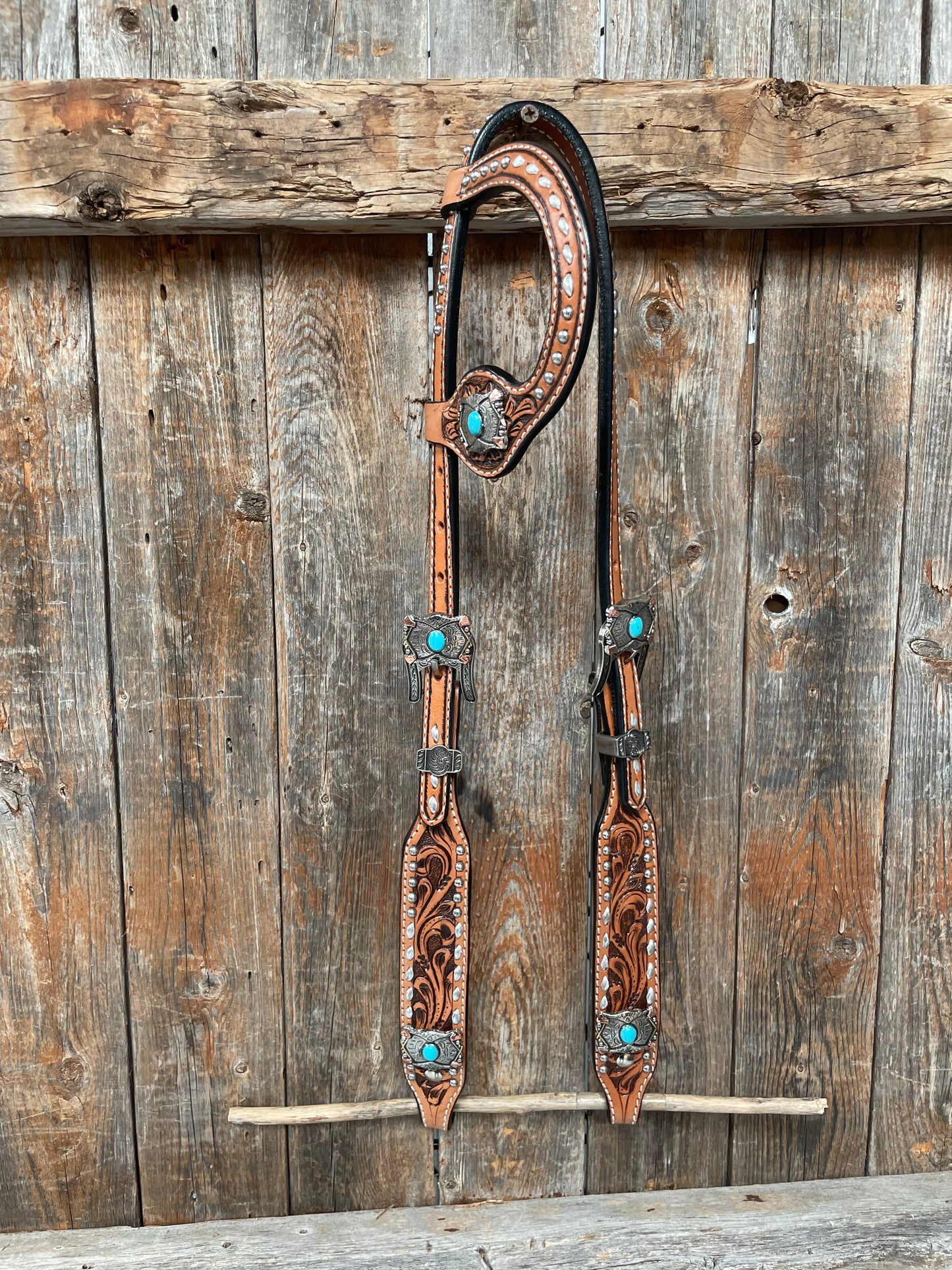 Silver Buckstitch with Turquoise Browband / One Ear / Breastcollar Tack Set #BBBC478