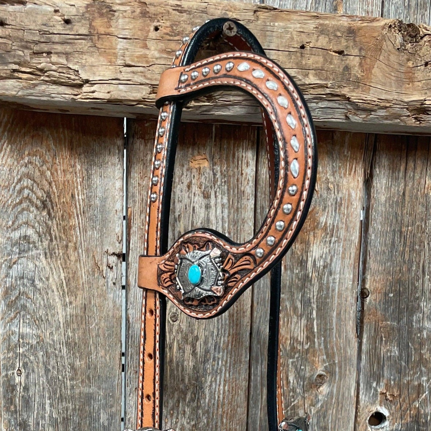 Silver Buckstitch with Turquoise Browband / One Ear / Breastcollar Tack Set #BBBC478