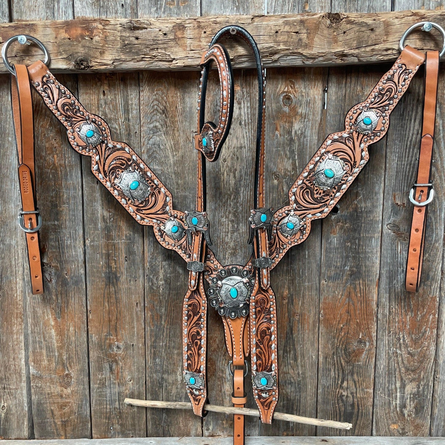 Silver Buckstitch with Turquoise Browband / One Ear / Breastcollar Tack Set #BBBC478