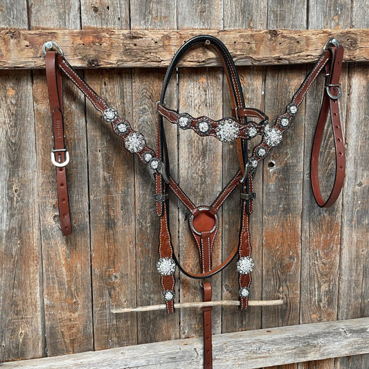 Medium Oil Floral Scalloped Clear Browband / One Ear / Breastcollar Buckstitch Tack Set #BBBC485