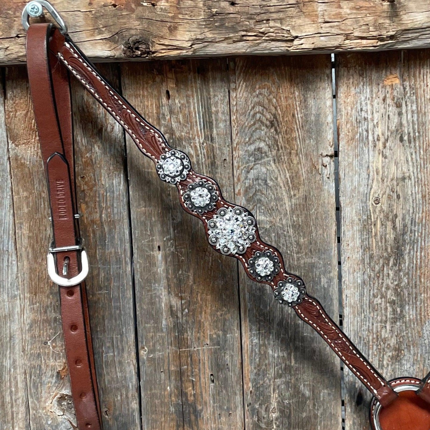 Medium Oil Floral Scalloped Clear Browband / One Ear / Breastcollar Buckstitch Tack Set #BBBC485