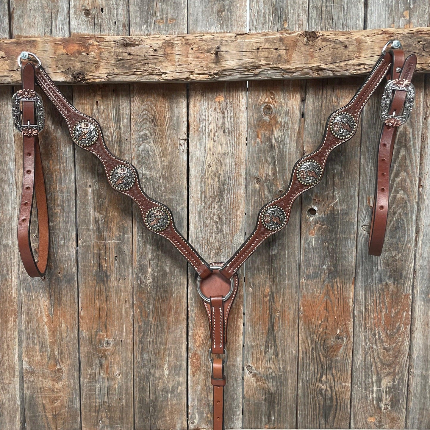 Medium Oil Basketweave Flower and Cactus Browband/One Ear Tack Set  #BBBC491