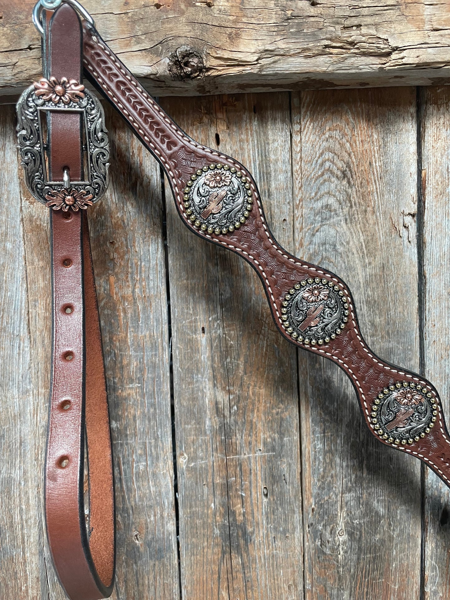 Medium Oil Basketweave Flower and Cactus Browband/One Ear Tack Set  #BBBC491