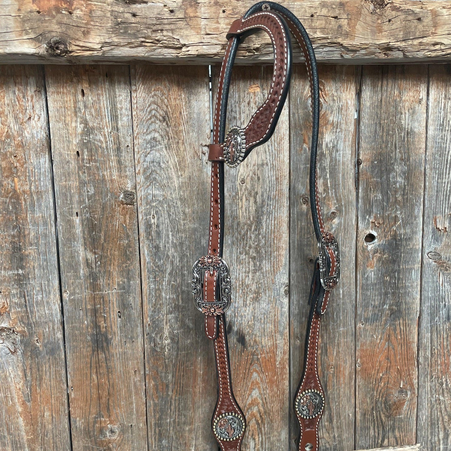 Medium Oil Basketweave Flower and Cactus Browband/One Ear Tack Set  #BBBC491