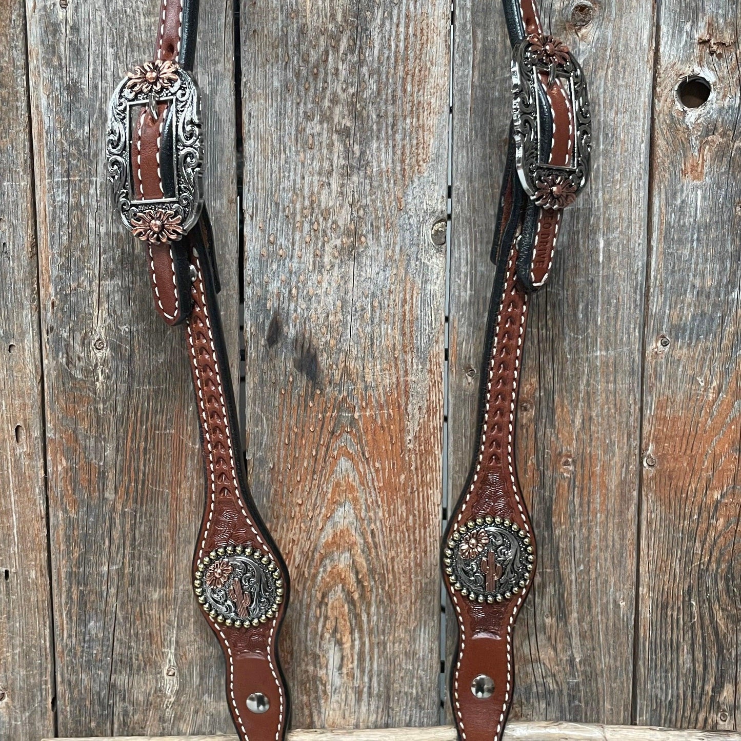 Medium Oil Basketweave Flower and Cactus Browband/One Ear Tack Set  #BBBC491