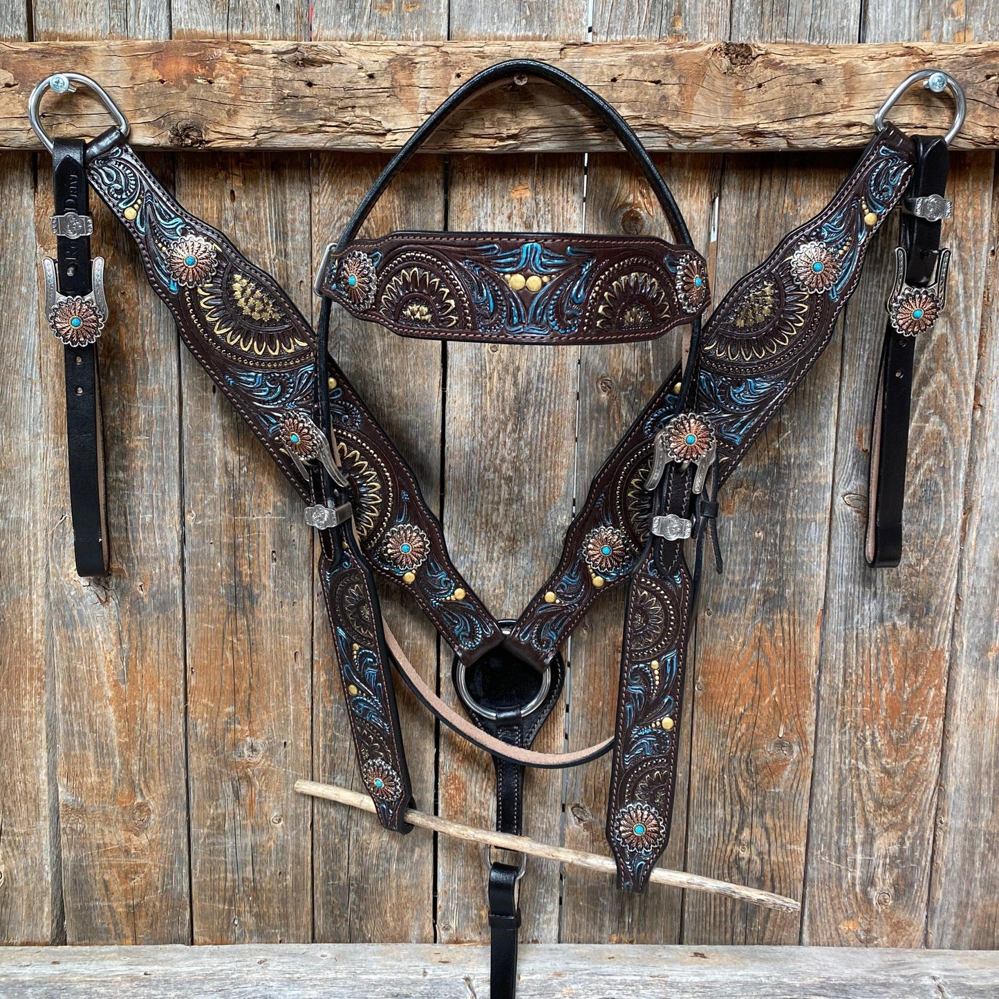 Dark Oil Blue and Gold  Browband & Breastcollar Tack Set #BBBC505