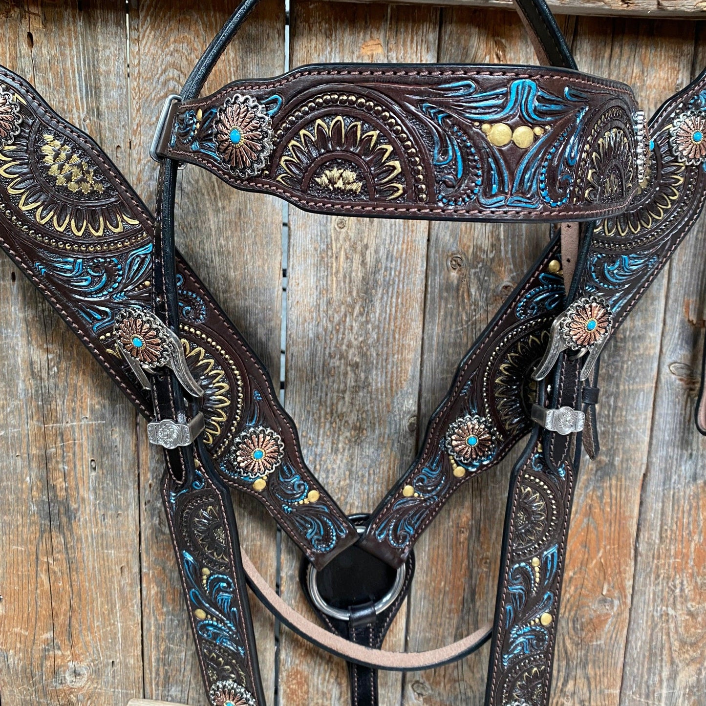 Dark Oil Blue and Gold  Browband & Breastcollar Tack Set #BBBC505