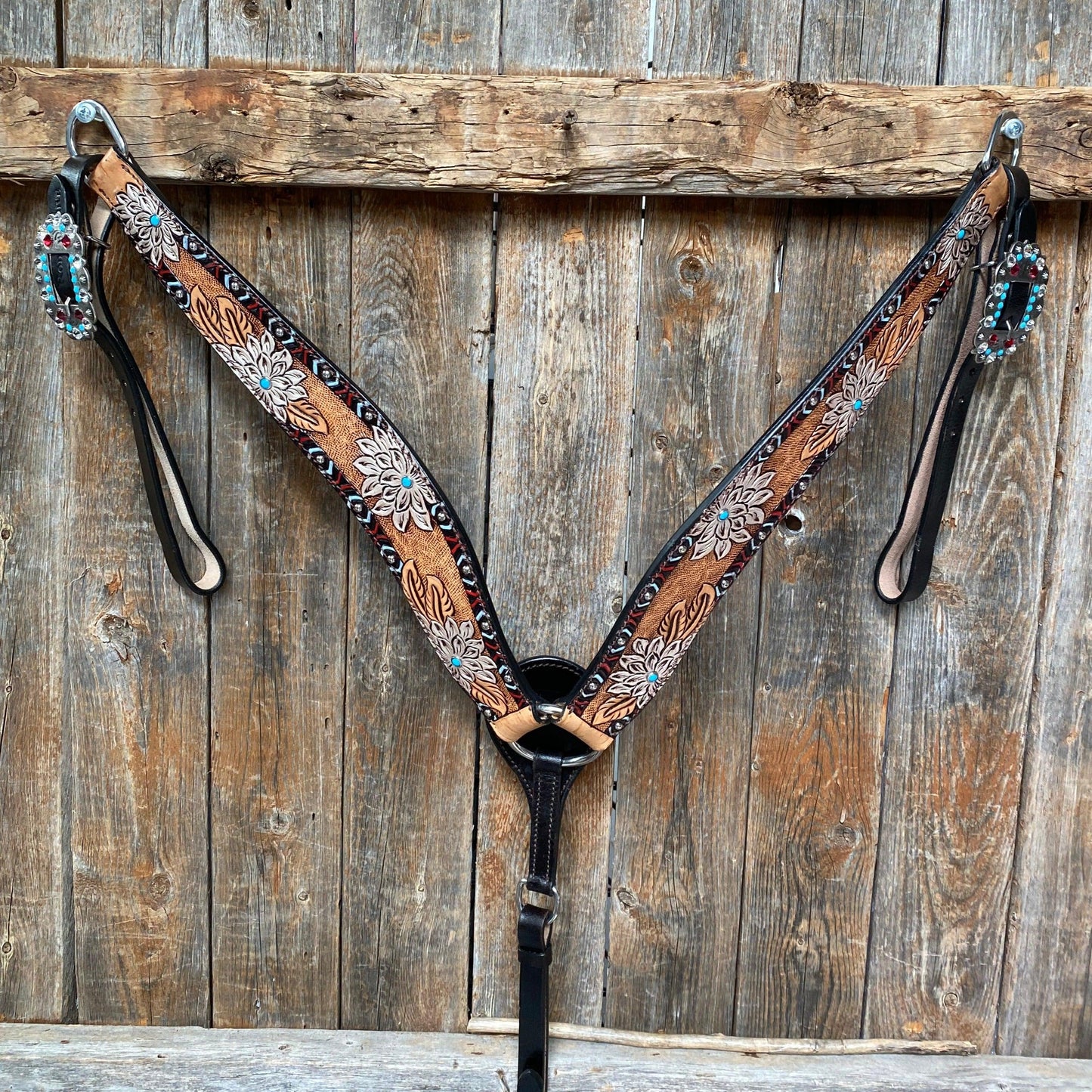 Two Toned Hand Painted Flower Turquoise/Ruby Browband/One Ear Tack Set #BBBC506