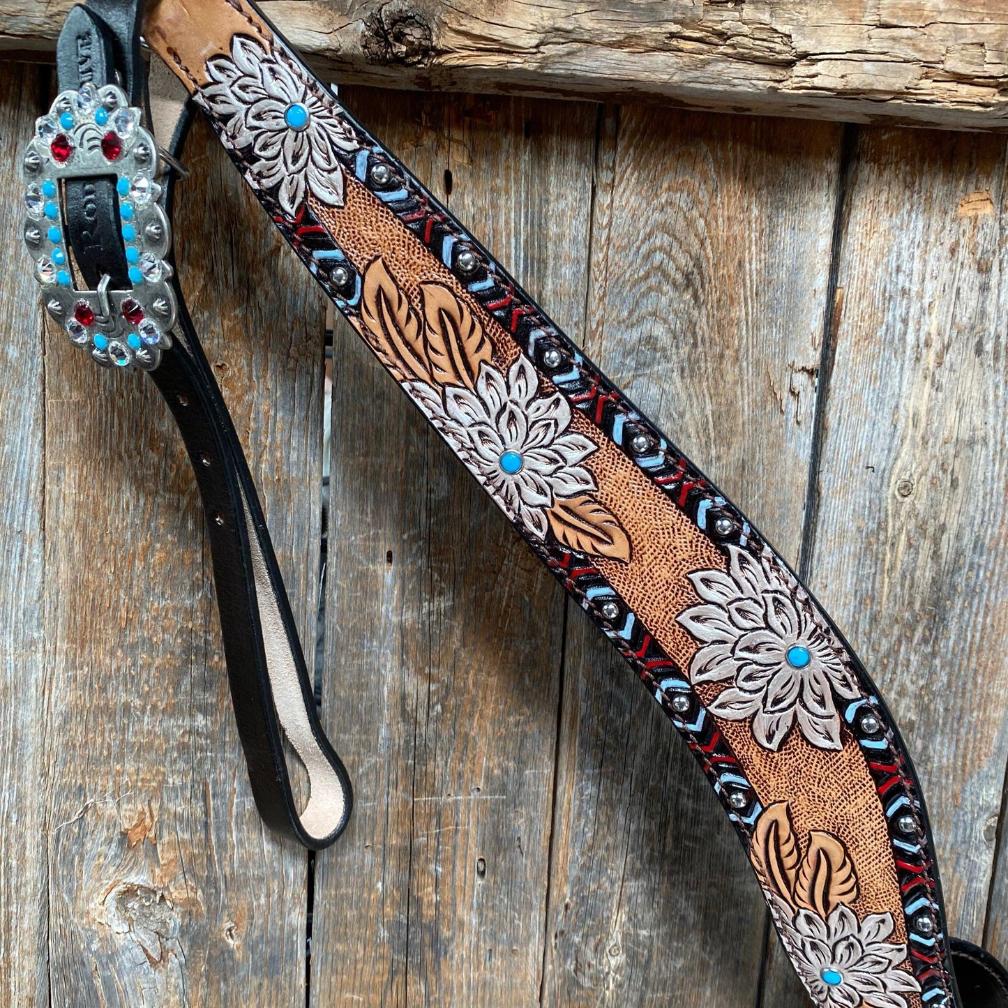 Two Toned Hand Painted Flower Turquoise/Ruby Browband/One Ear Tack Set #BBBC506