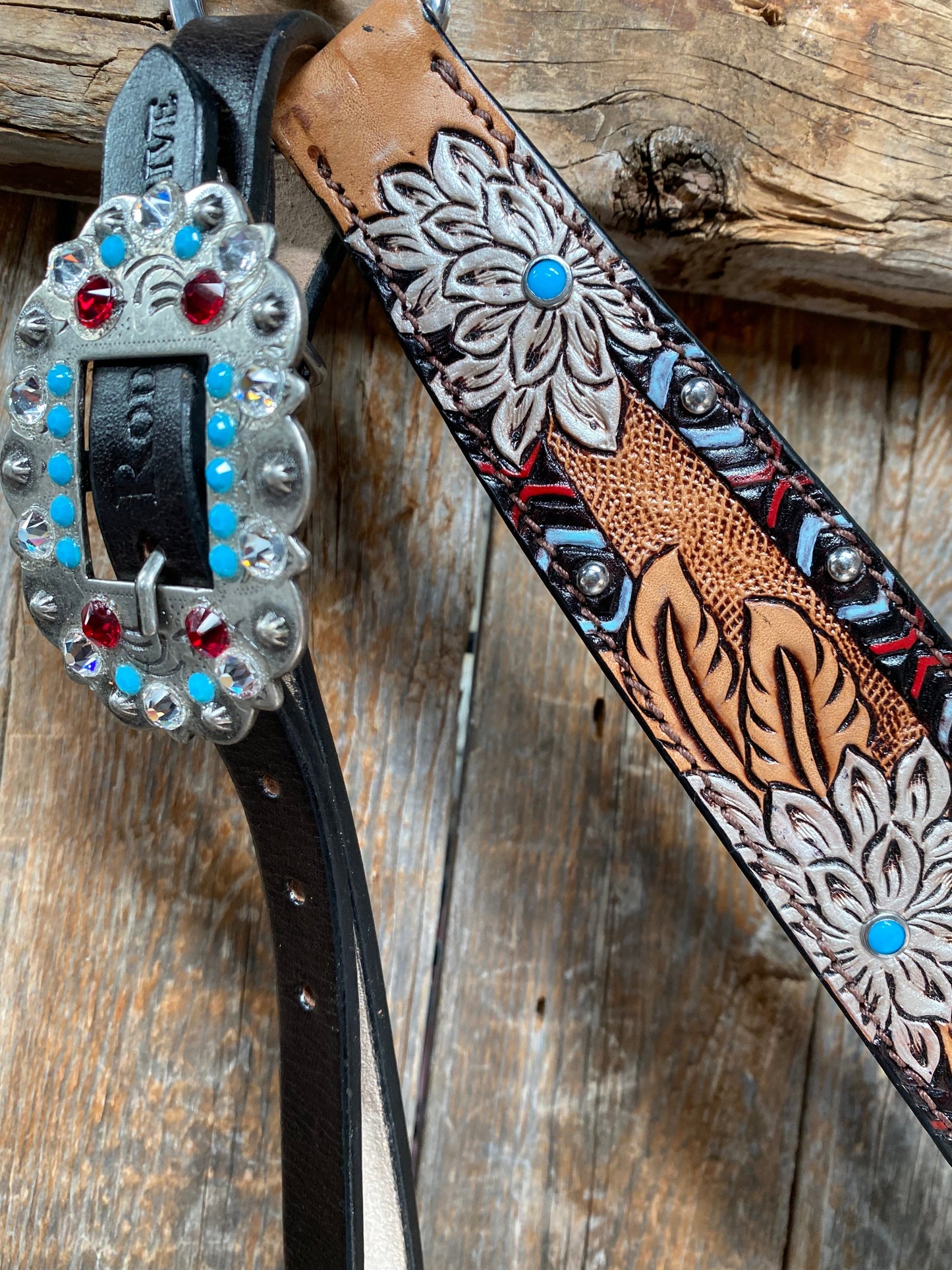 Two Toned Hand Painted Flower Turquoise/Ruby Browband/One Ear Tack Set #BBBC506