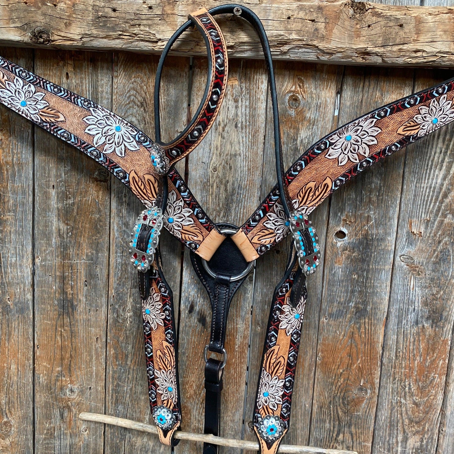 Two Toned Hand Painted Flower Turquoise/Ruby Browband/One Ear Tack Set #BBBC506