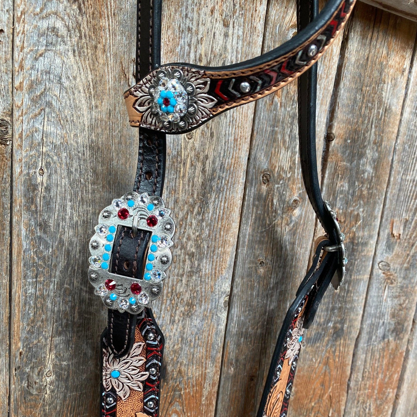 Two Toned Hand Painted Flower Turquoise/Ruby Browband/One Ear Tack Set #BBBC506