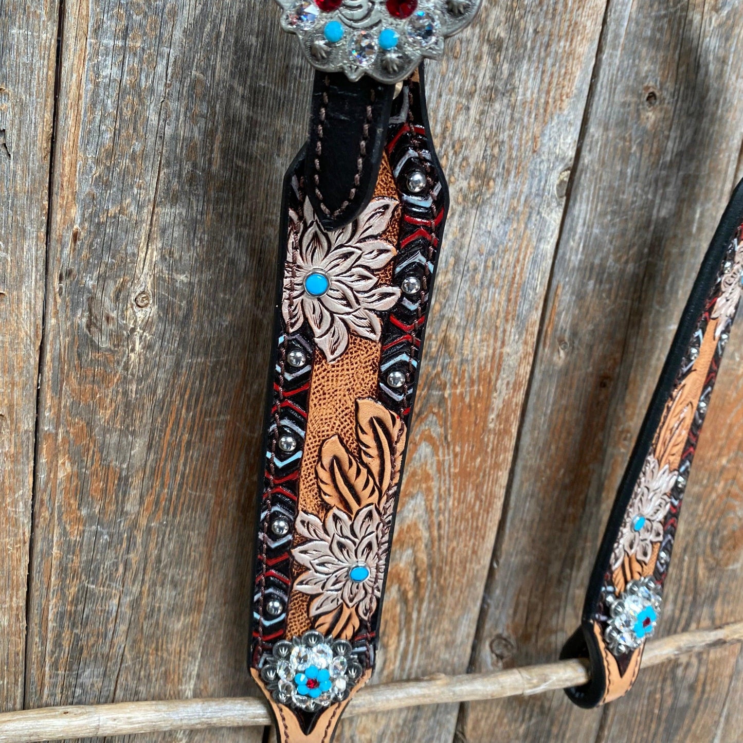 Two Toned Hand Painted Flower Turquoise/Ruby Browband/One Ear Tack Set #BBBC506