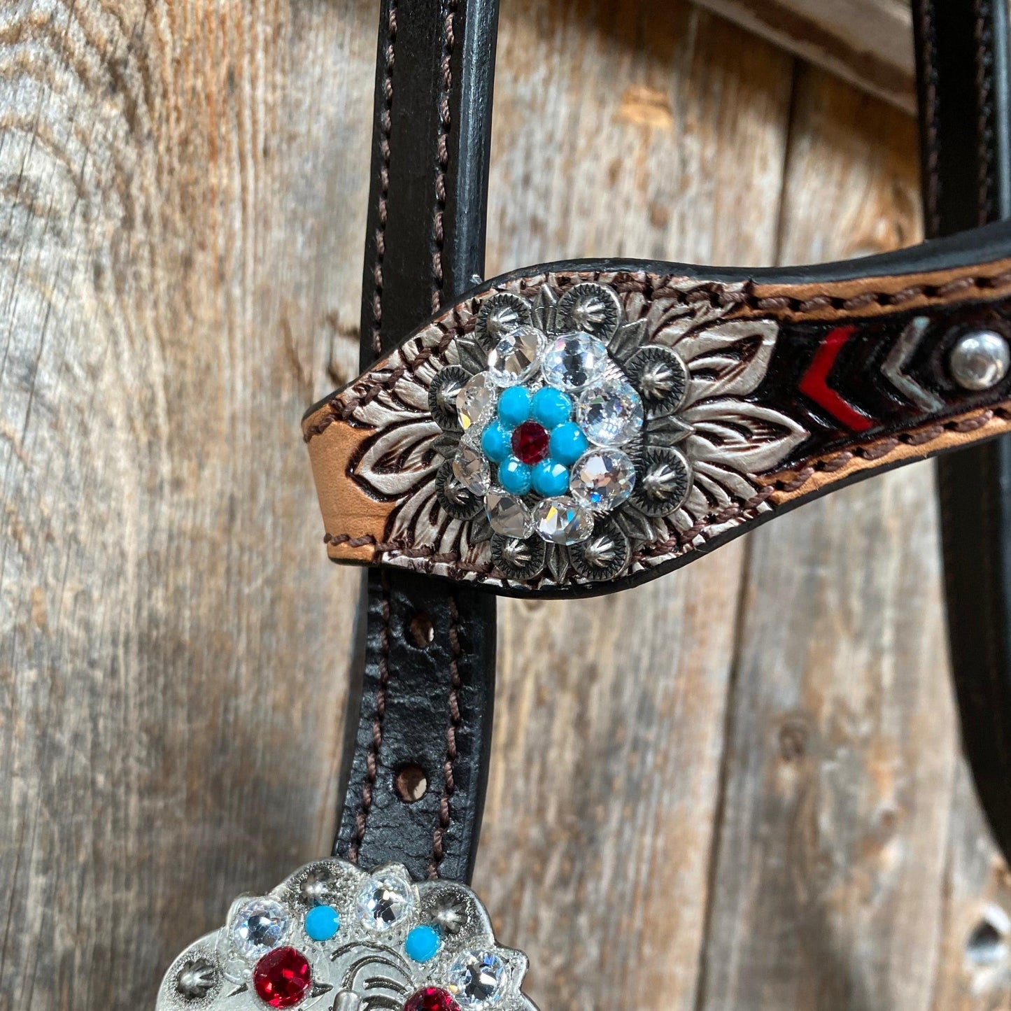 Two Toned Hand Painted Flower Turquoise/Ruby Browband/One Ear Tack Set #BBBC506