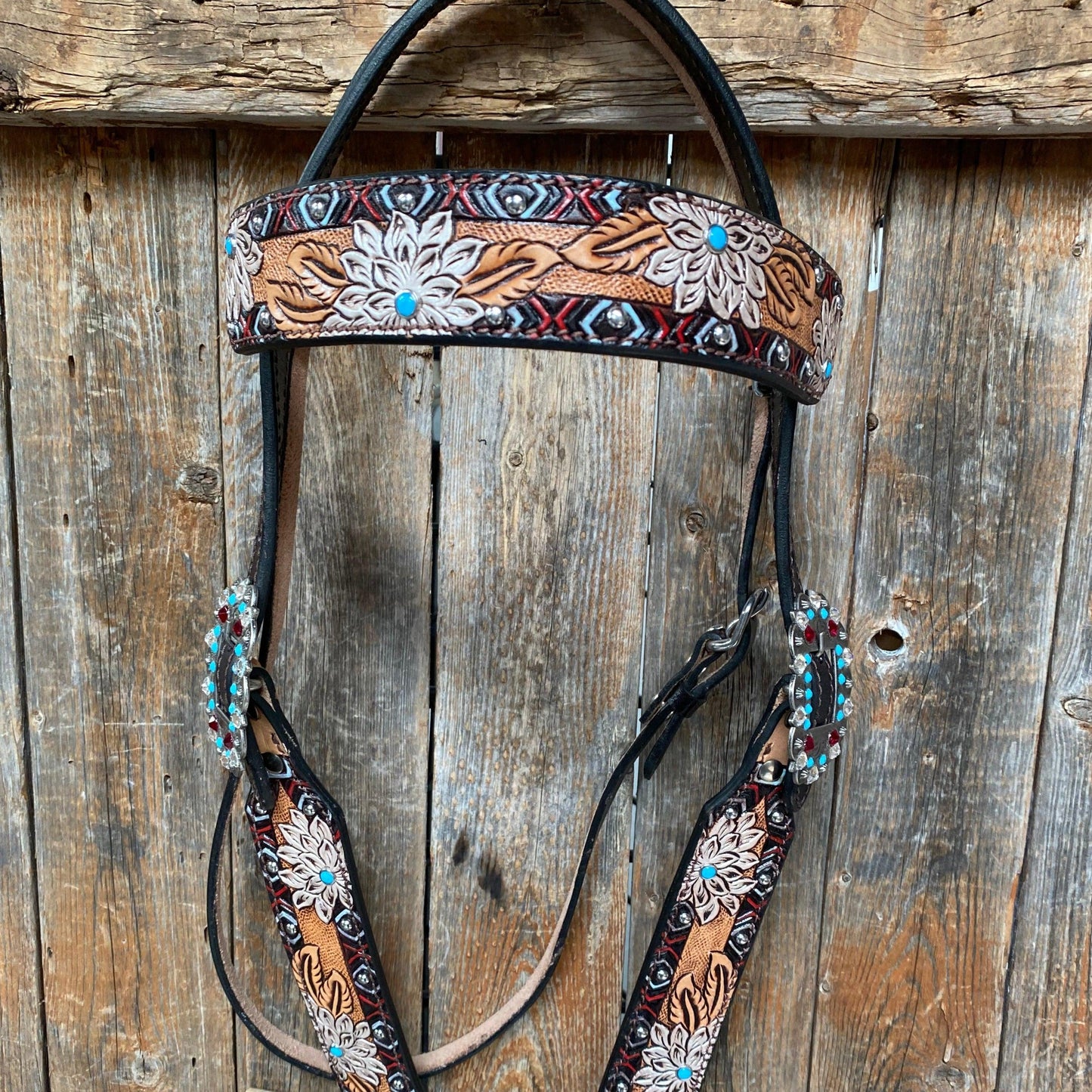 Two Toned Hand Painted Flower Turquoise/Ruby Browband/One Ear Tack Set #BBBC506