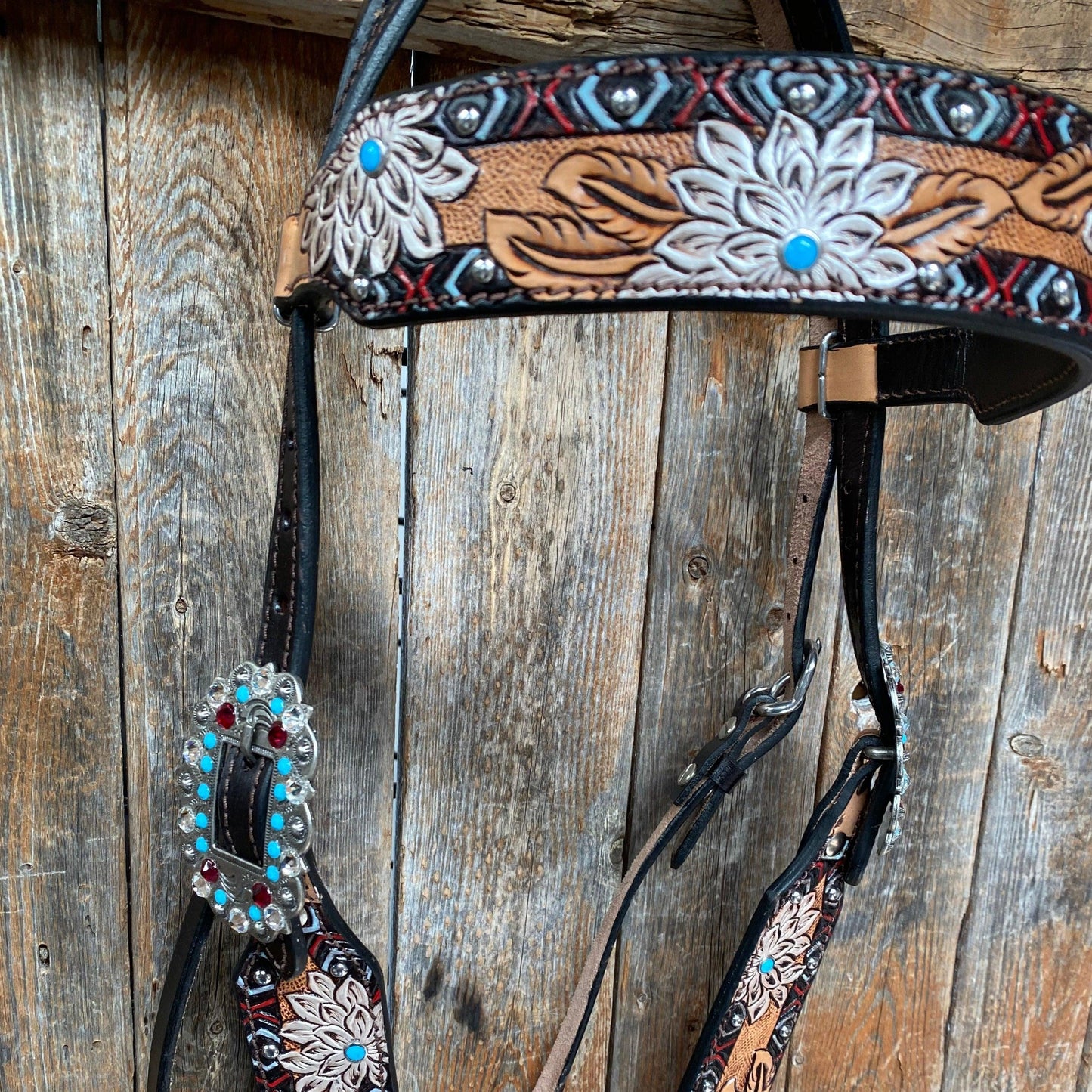 Two Toned Hand Painted Flower Turquoise/Ruby Browband/One Ear Tack Set #BBBC506