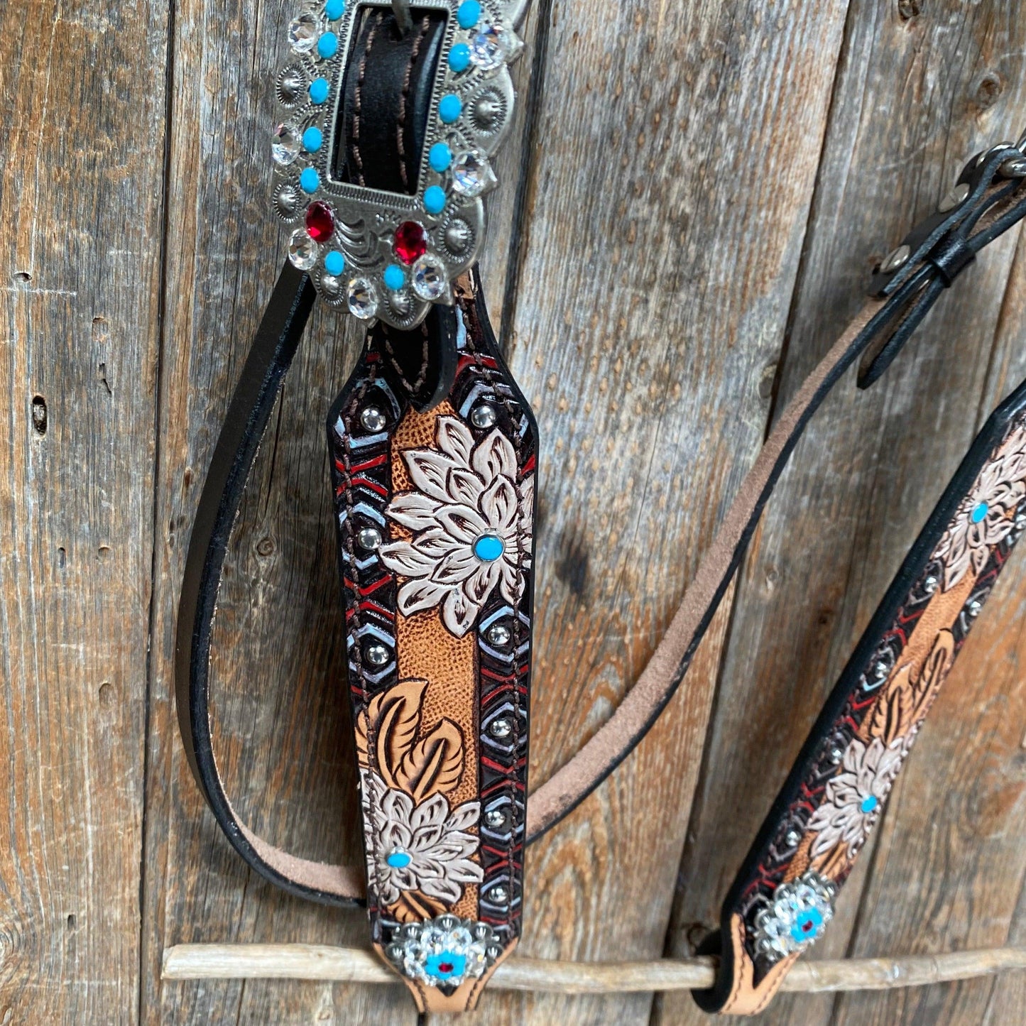Two Toned Hand Painted Flower Turquoise/Ruby Browband/One Ear Tack Set #BBBC506