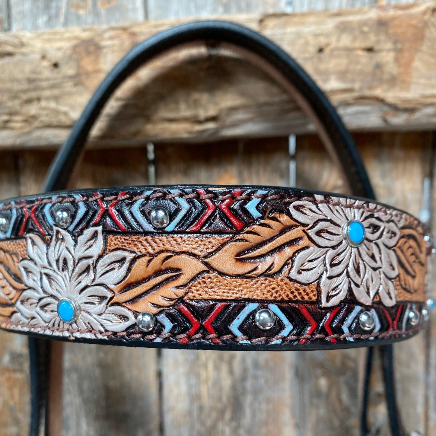 Two Toned Hand Painted Flower Turquoise/Ruby Browband/One Ear Tack Set #BBBC506