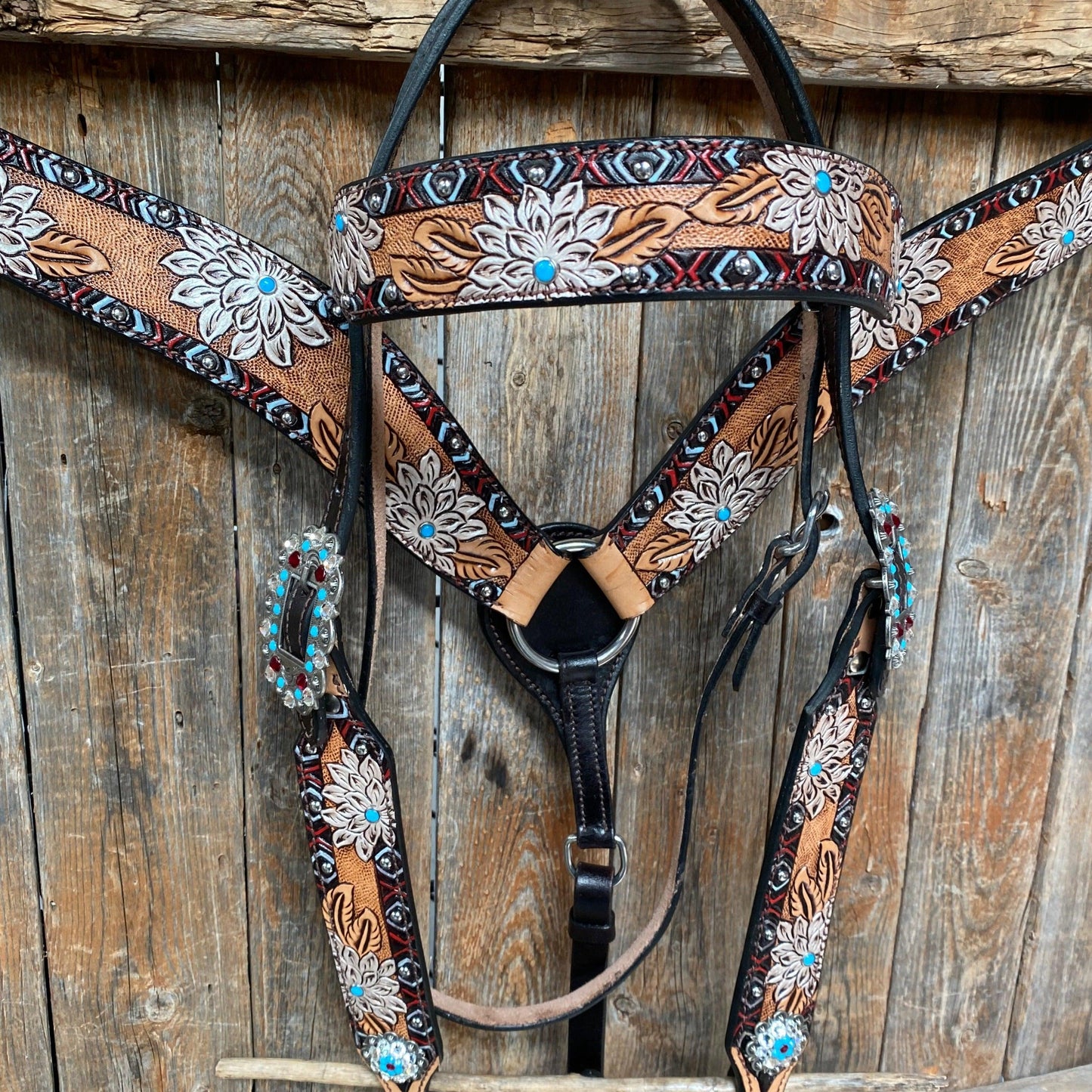 Two Toned Hand Painted Flower Turquoise/Ruby Browband/One Ear Tack Set #BBBC506