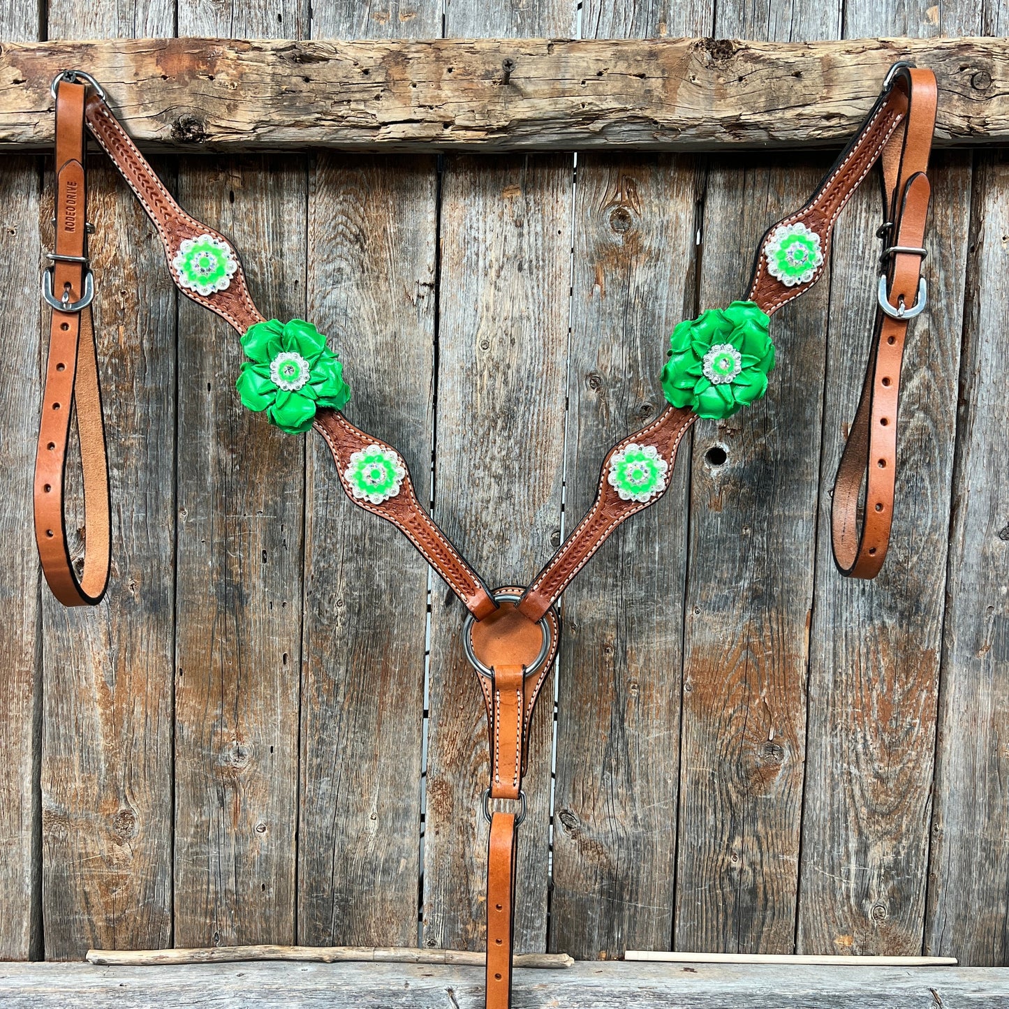 Light Oil Basketweave Neon Green - AB Browband/One Ear Tack Set  #BBBC608