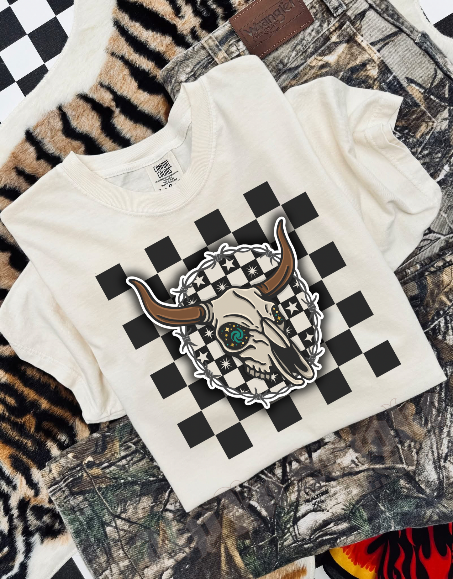 The stardust steer with checkered background  Tee