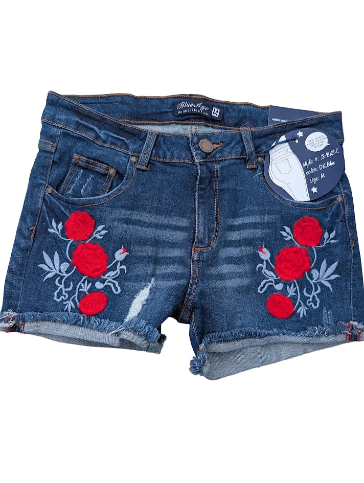 Blue Age Collection Rose Embroidered Denim Shorts – Curve Control