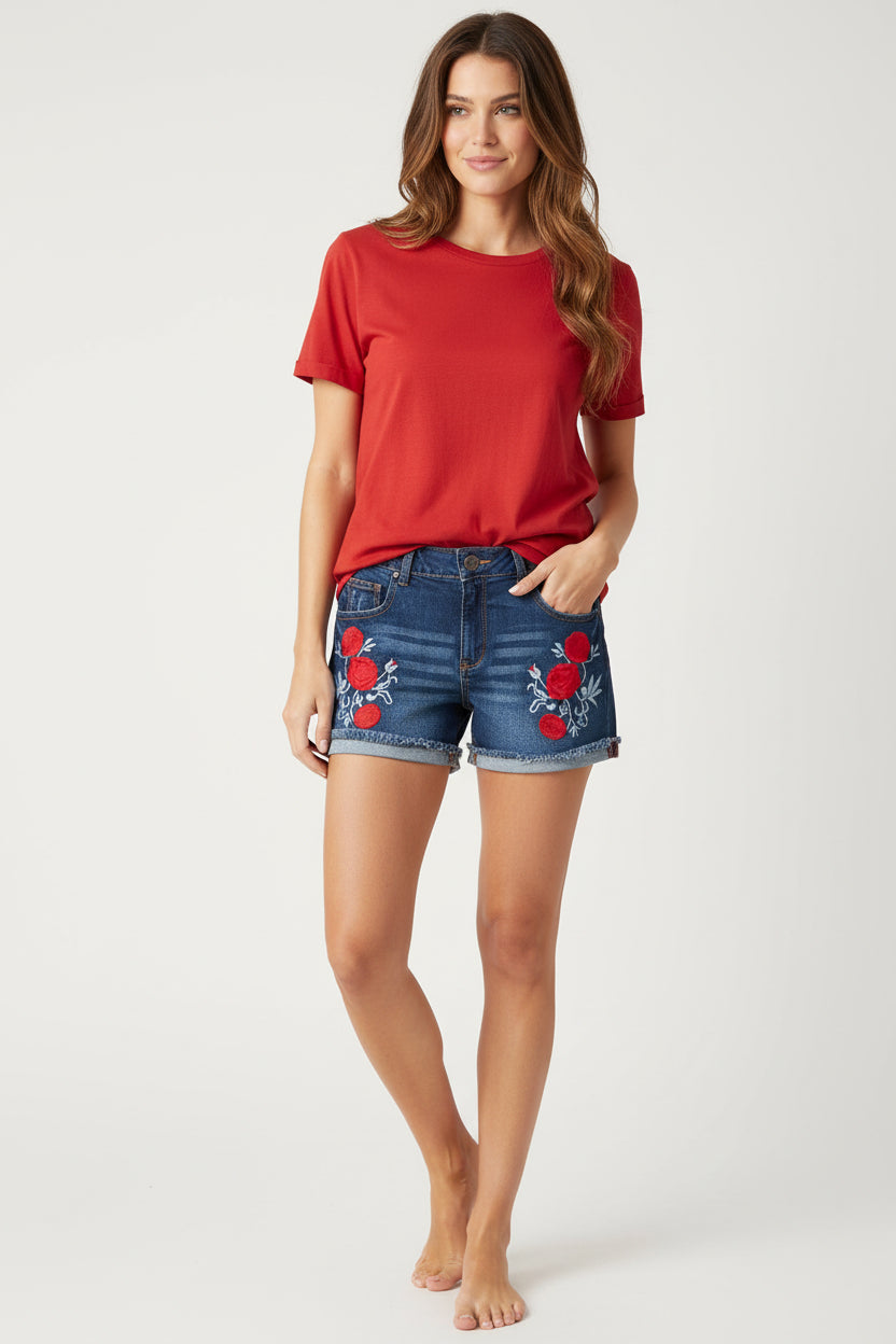 Blue Age Collection Rose Embroidered Denim Shorts – Curve Control