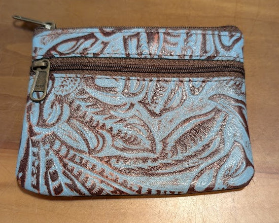 Embossed Leather Coin Purse – Western Tooled Turquoise Zip Pouch