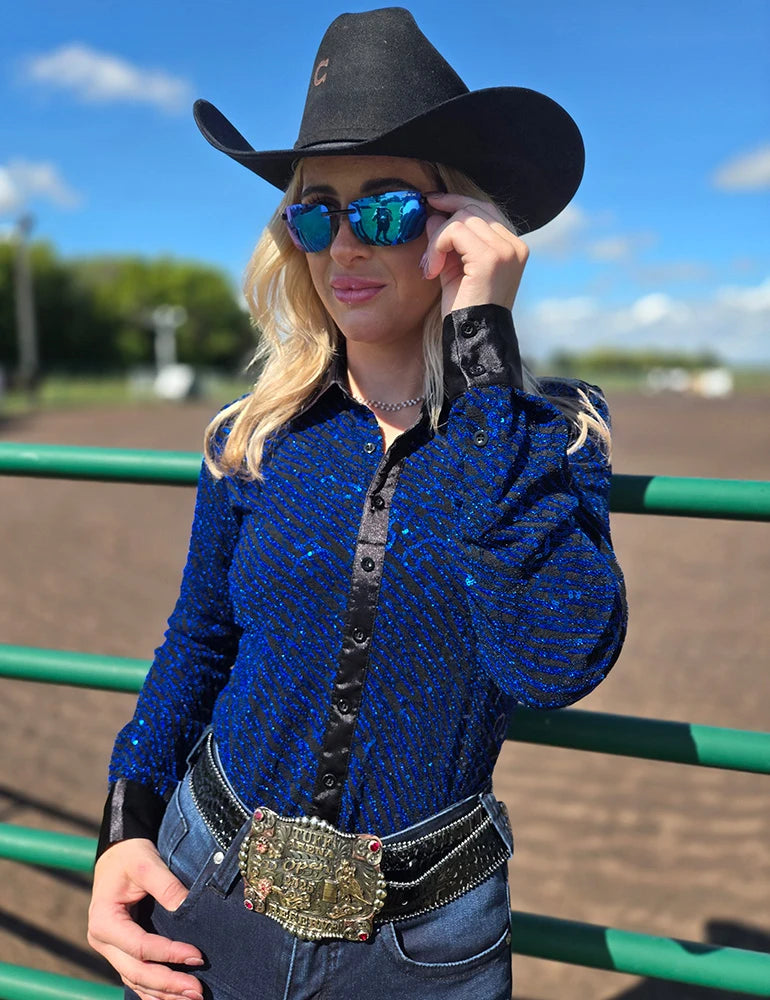 Royal Blue Sequin Swirls On Black Jersey Pullover Button Up With Black Satin Collar Cowgirl Tuff