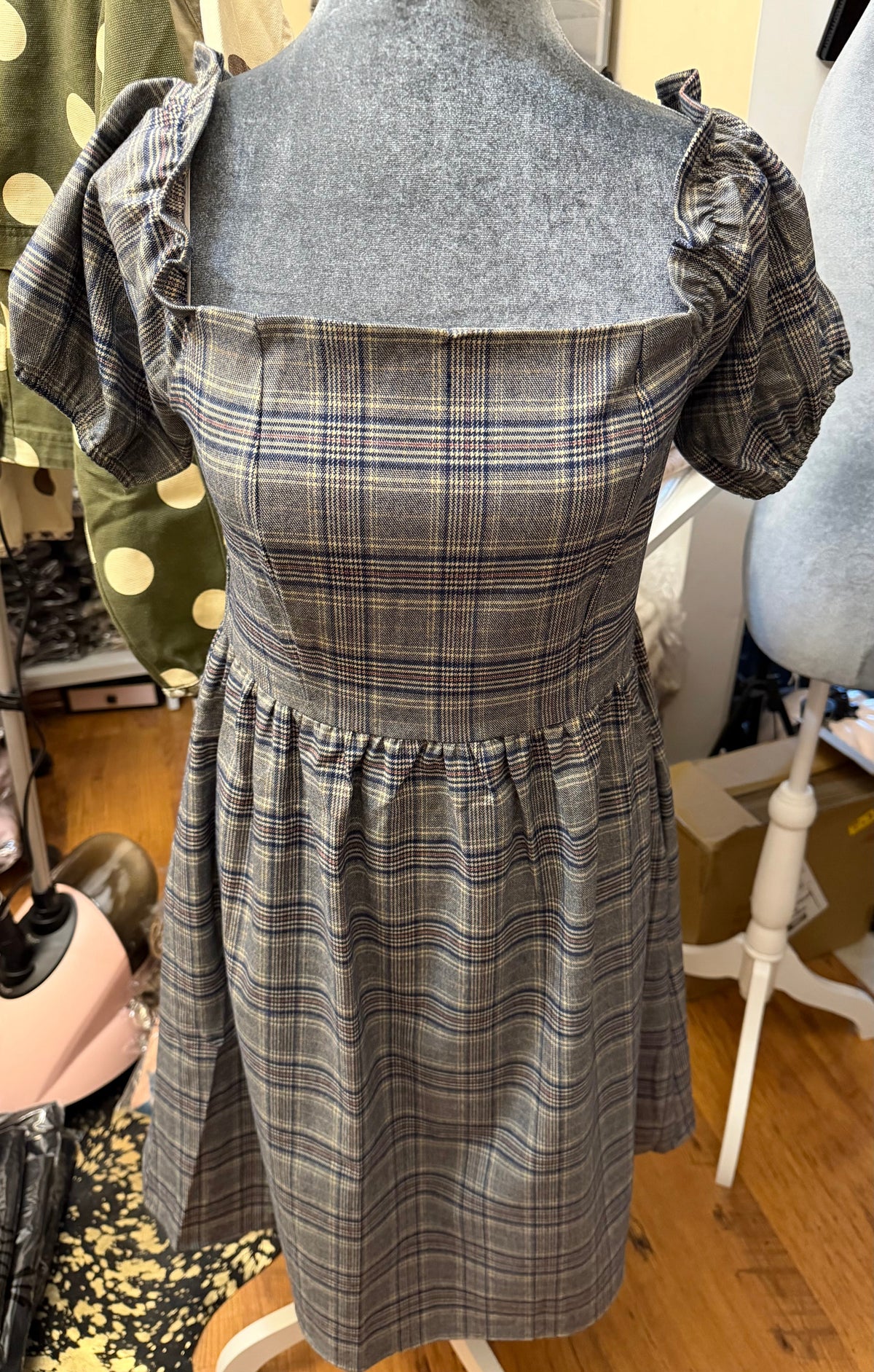  Western Plaid Puff Sleeve Cap Shoulder Dress