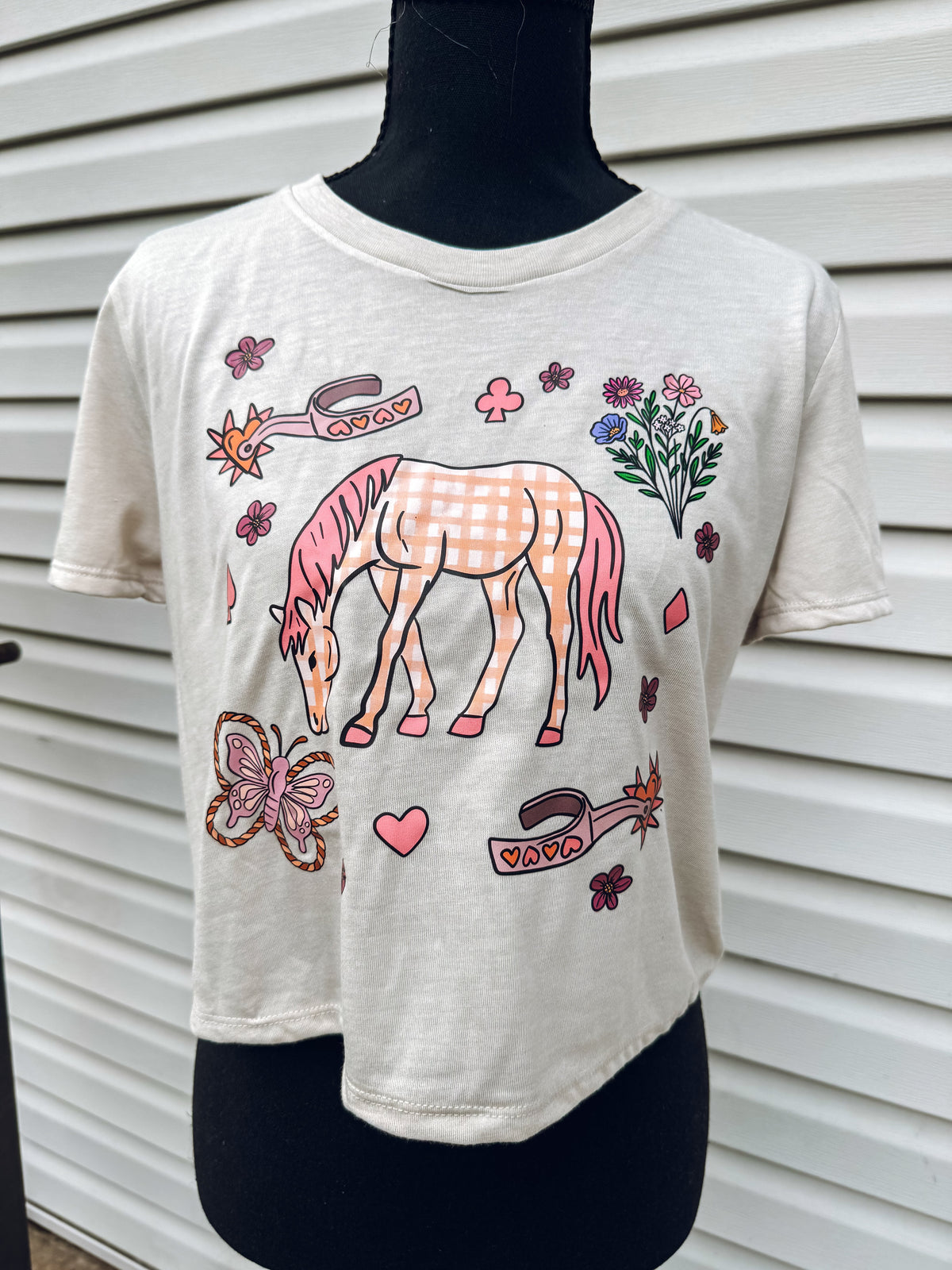 Gingham Horse Collage Crop Tee (Tan)