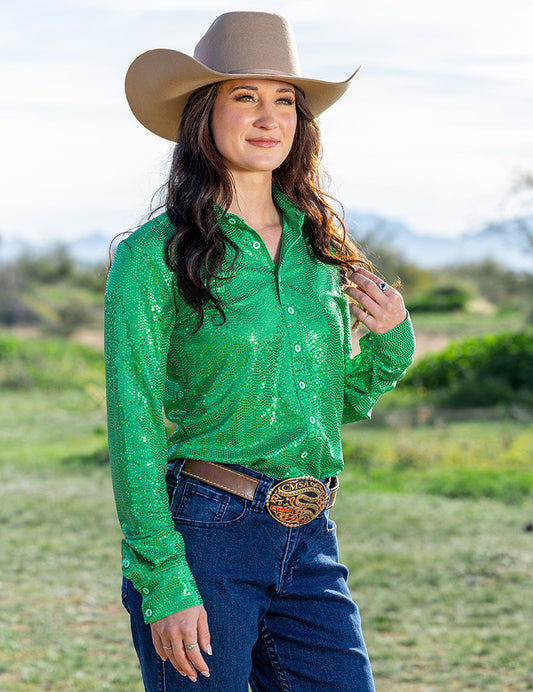 Bright Green Sequin Pullover Button Up Medium Weight & Stretch