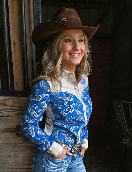 Blue Paisley & Cream Retro Pullover Button Up Lightweight Low Stretch Cowgirl Tuff