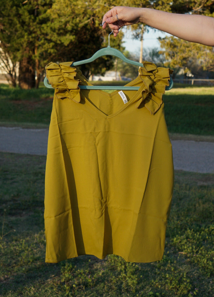 Olive Mustard - Ruffle Trim Sleeveless Top