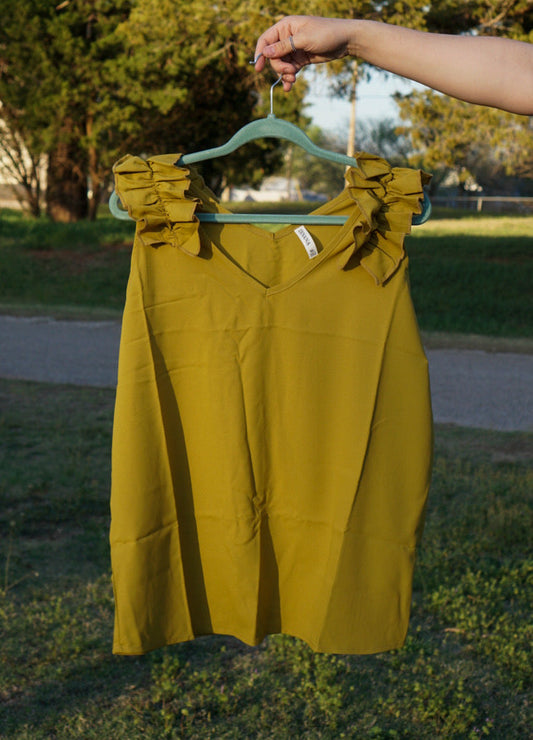 Olive Mustard - Ruffle Trim Sleeveless Top