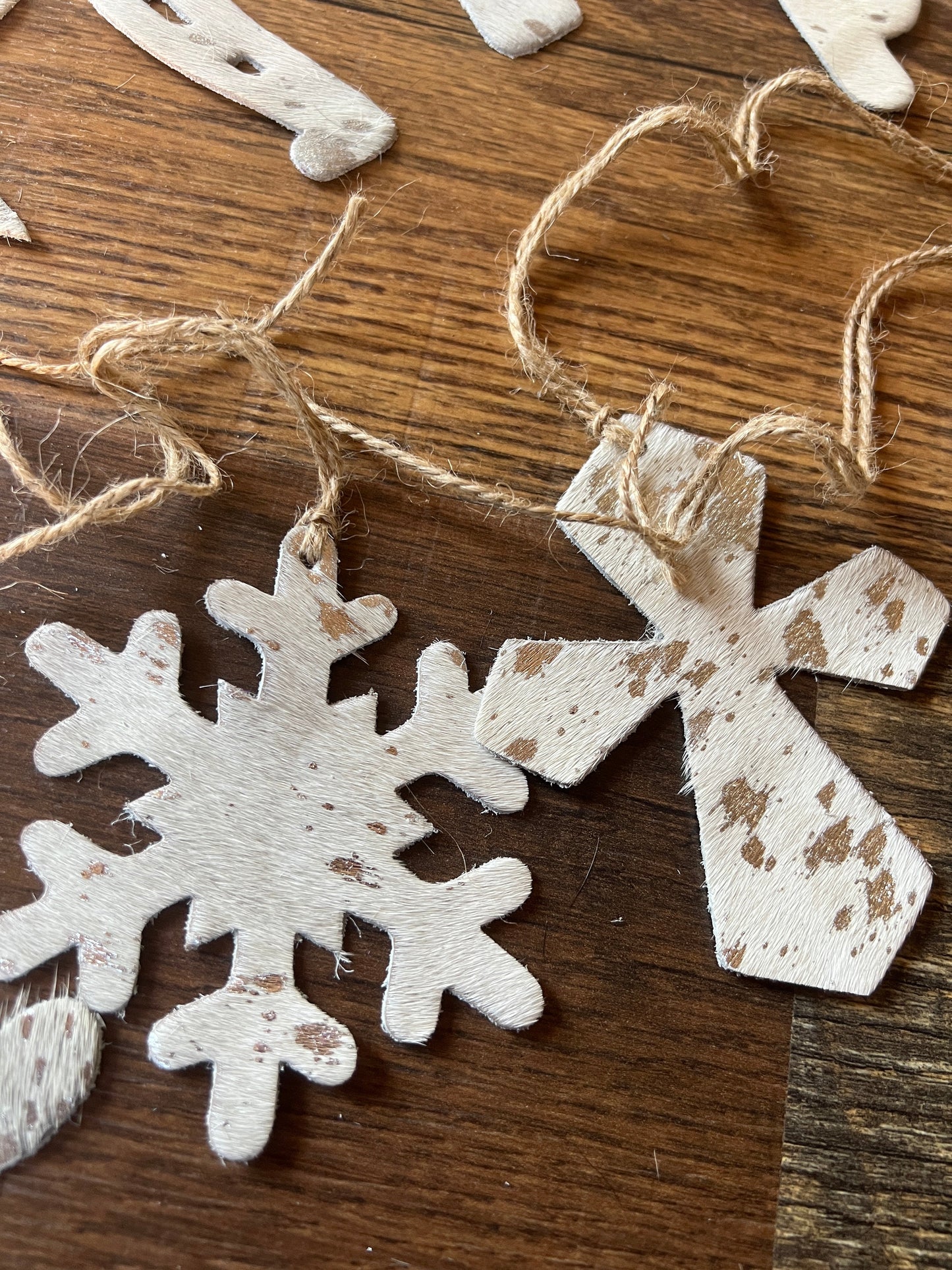 Silver/BROWN ACID WASH Leather Cowhide Christmas Ornament