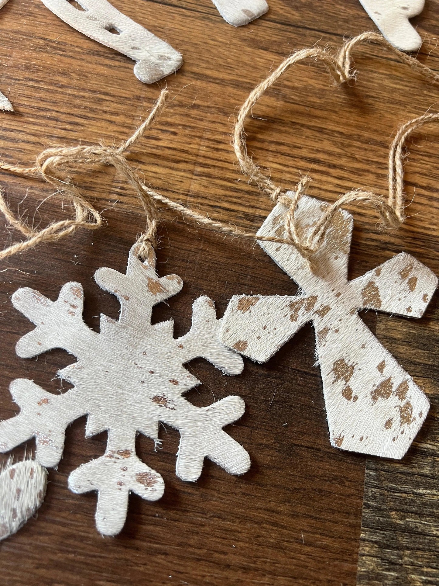 Silver/BROWN ACID WASH Leather Cowhide Christmas Ornament
