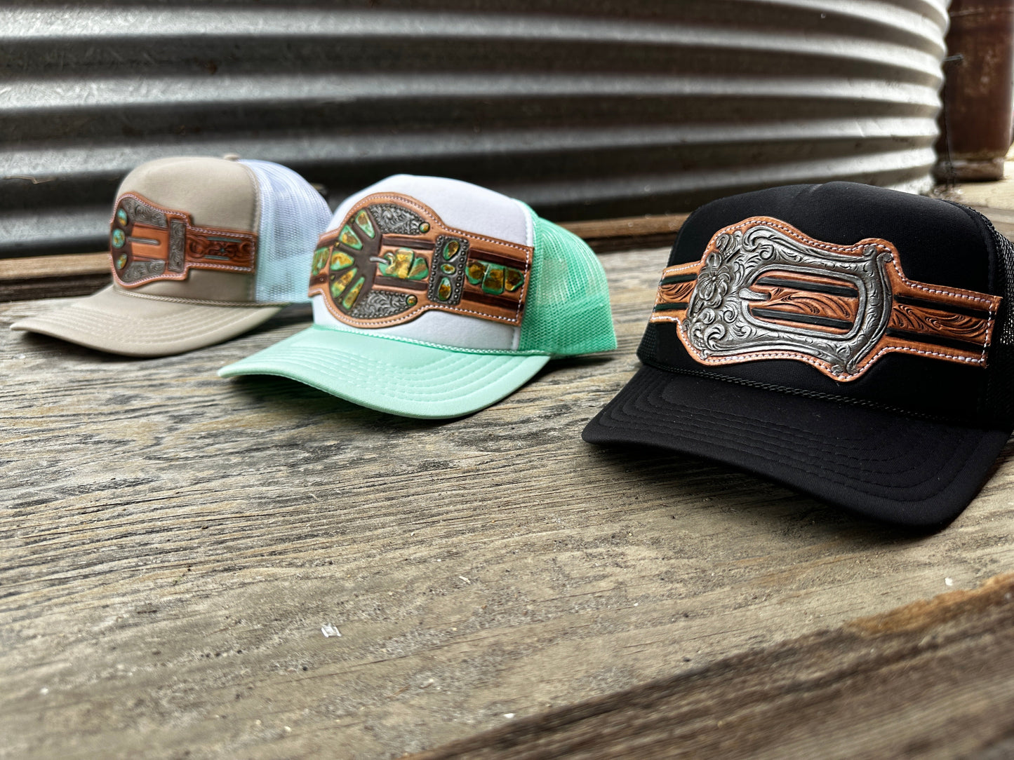 Green Turquoise Handtooled Buckle Cap