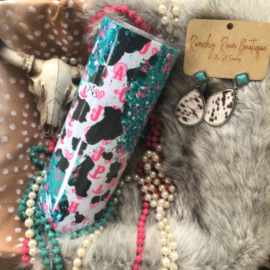 Cattle Brand Turquoise Cow Print 20oz Skinny Tumbler