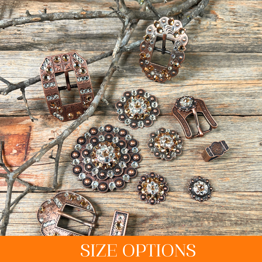 Copper Champagne, Clear Crystal Conchos Sizes from 1"-3" and Buckles